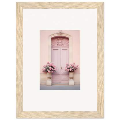 Bright pink door with floral decor showcasing Rosy Cosmos Gateway framed wall art