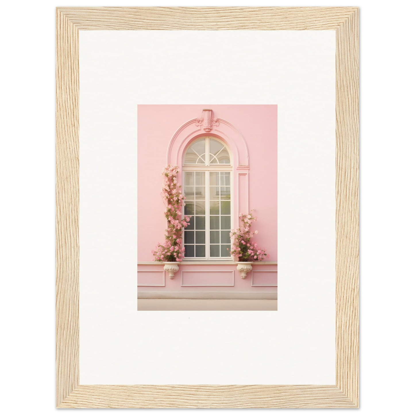 Arched pink window adorned with climbing flowers from Vitalose Rose Sonnet special edition art™