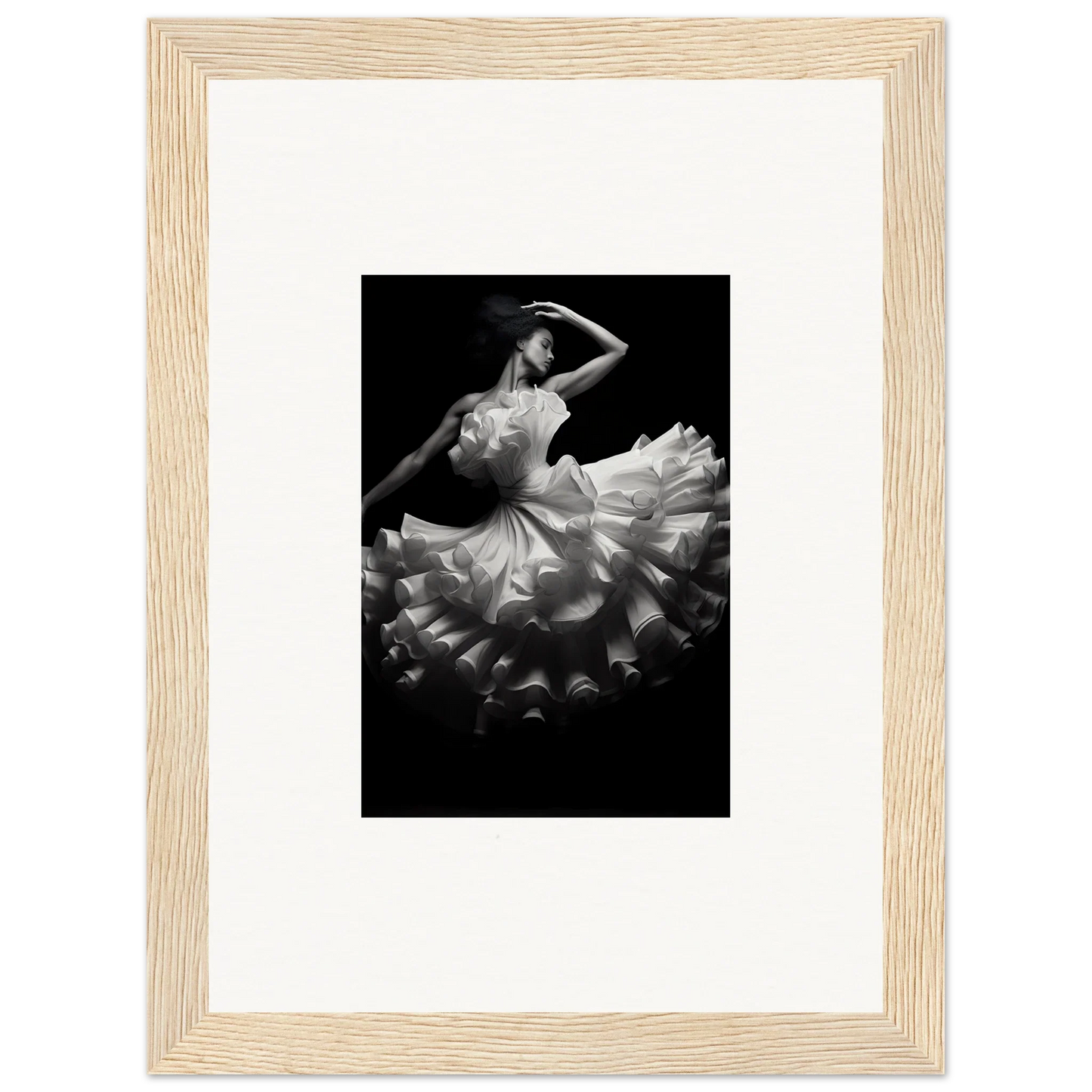 Dancer in white ruffled dress mid-twirl for Nocturnal Flourishbyen special edition art™