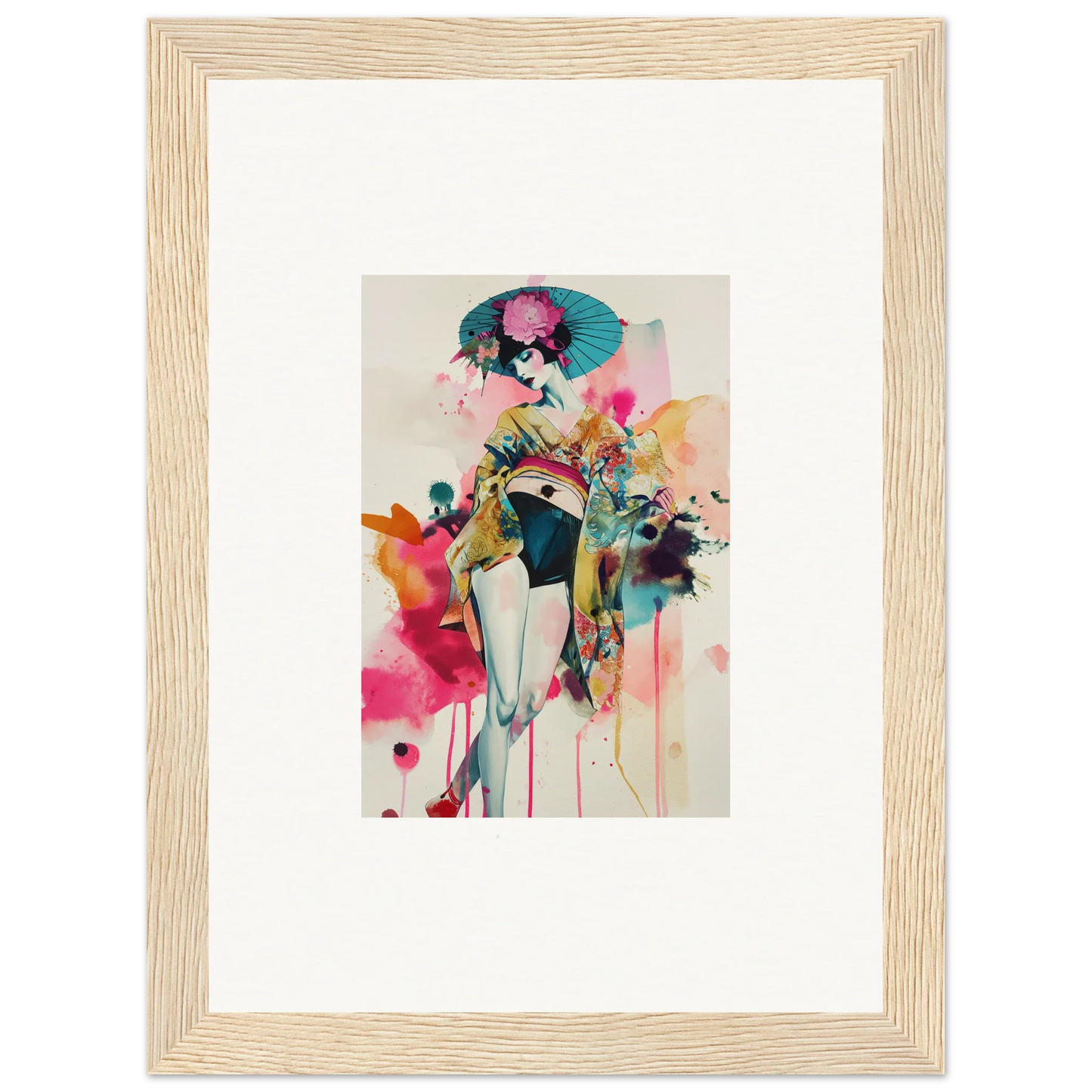 Colorful abstract painting of a female figure with flowers for stylish room decoration