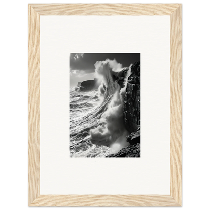 Dramatic black and white ocean wave crashing against cliffs in Tidal Curved Reality art