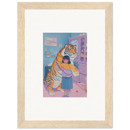 Whimsical canvas print of a child hugging a tiger for fun room decoration