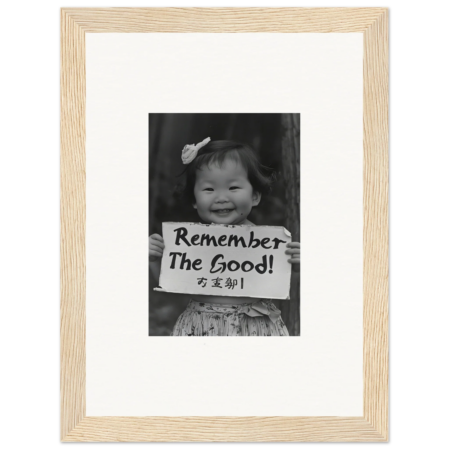 Black and white art print ’Remember The Good’ in a light frame from Innocent Memory Echoes