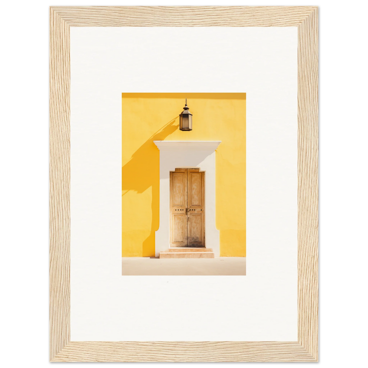 Wooden door with white trim on yellow wall, featured in Golden Hue Portal art