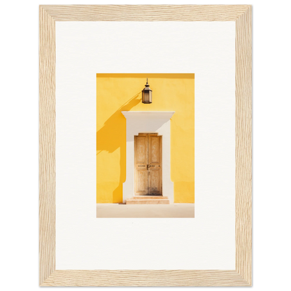 Wooden door with white trim on yellow wall, featured in Golden Hue Portal art