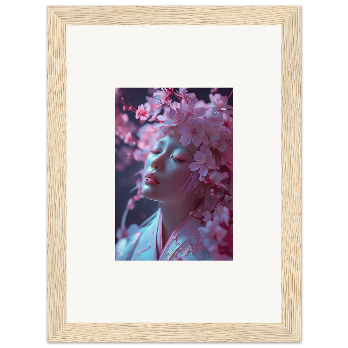 Framed Sakura Whispers canvas print of cherry blossoms and a glowing figure for room decoration