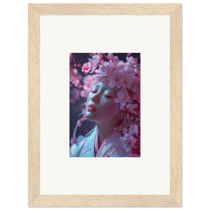 Framed Sakura Whispers canvas print of cherry blossoms and a glowing figure for room decoration