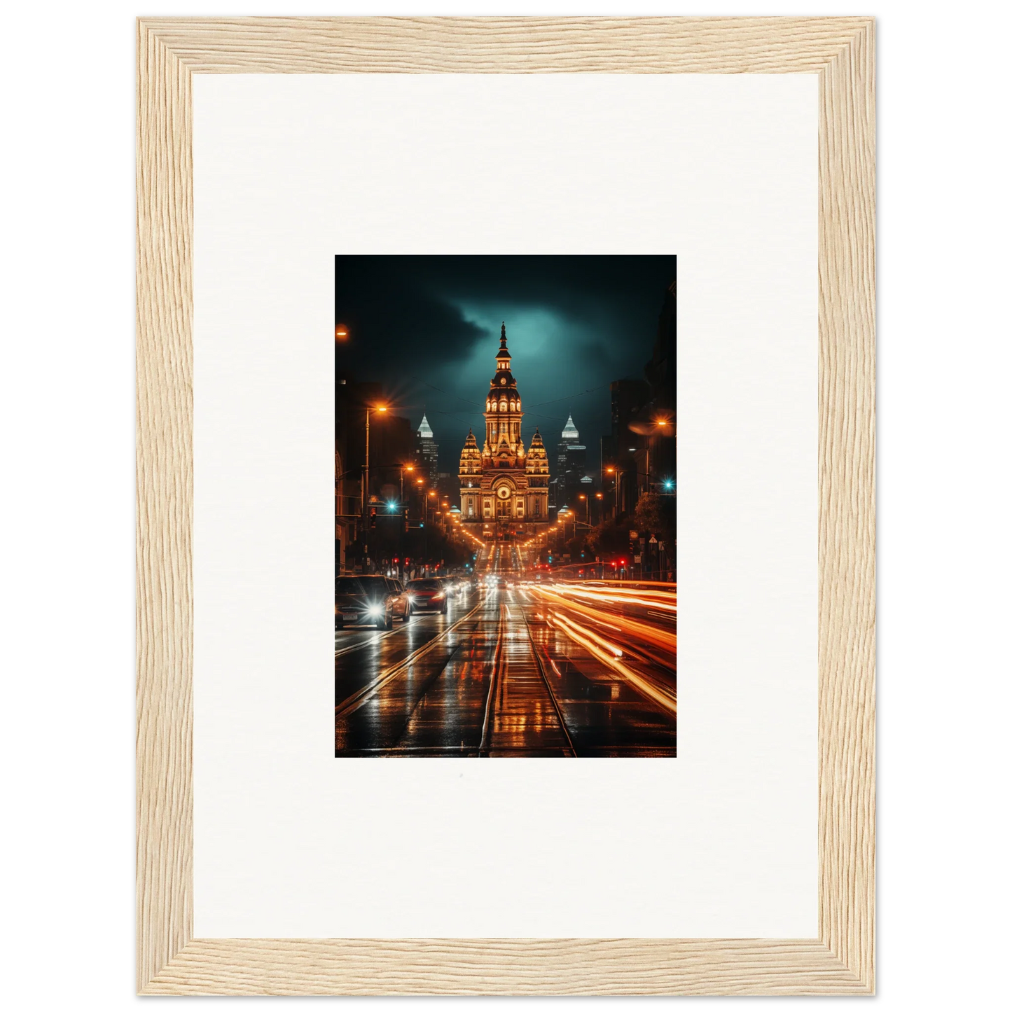 Light-streaked Gothic building at night in Radiant Urban Reverie framed wall art