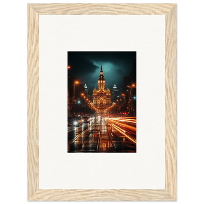 Light-streaked Gothic building at night in Radiant Urban Reverie framed wall art