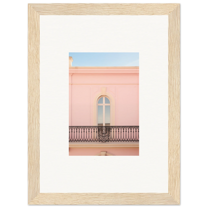 Framed wall art featuring an arched window and balcony of a pink building in Peach Tranquil Portal