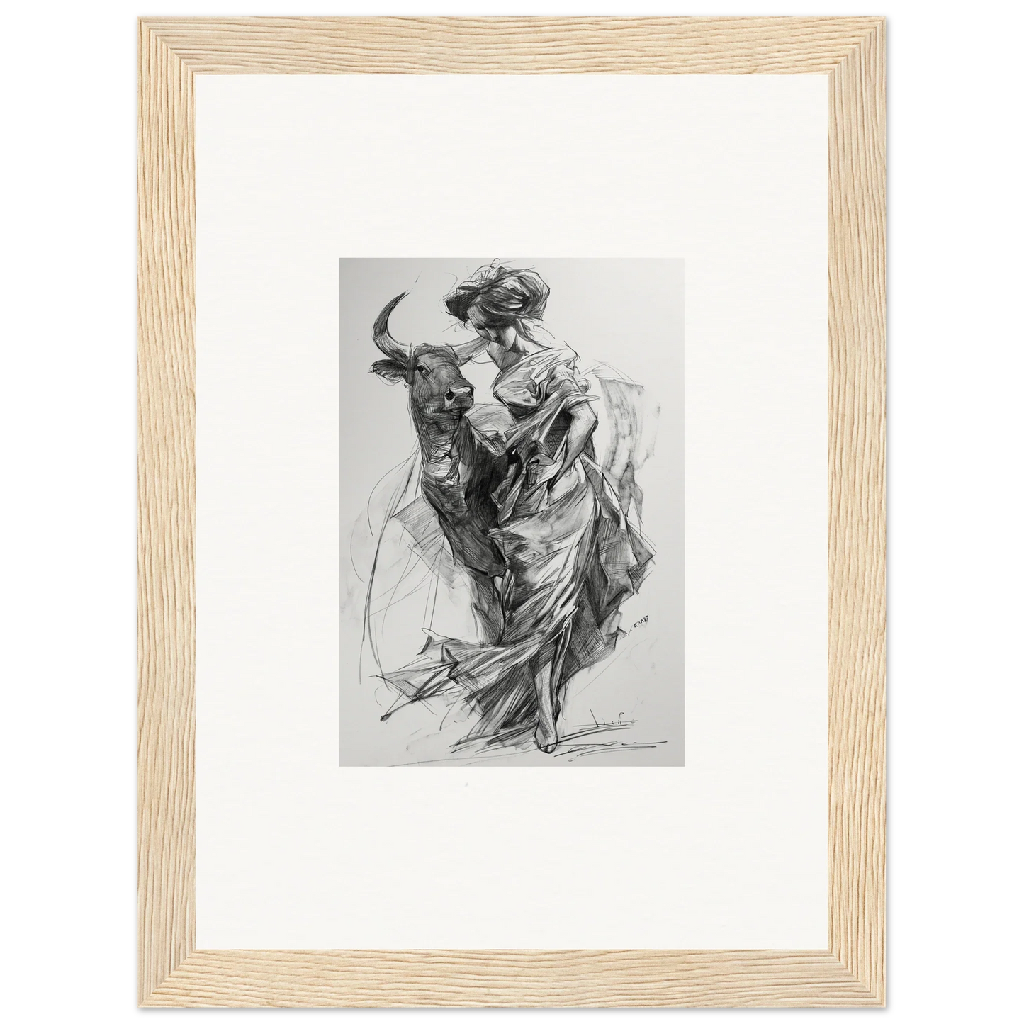 Dynamic black and white bullfighter sketch for Ebullient Abstract Liaisons framed wall art