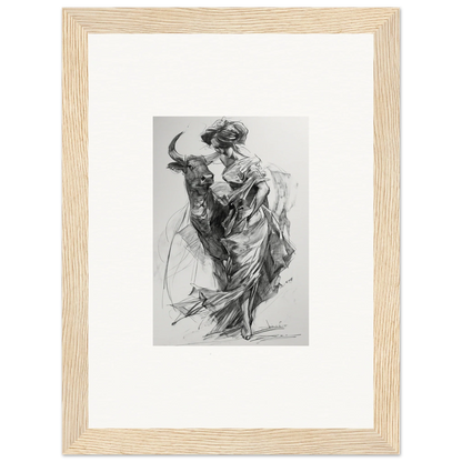 Dynamic black and white bullfighter sketch for Ebullient Abstract Liaisons framed wall art