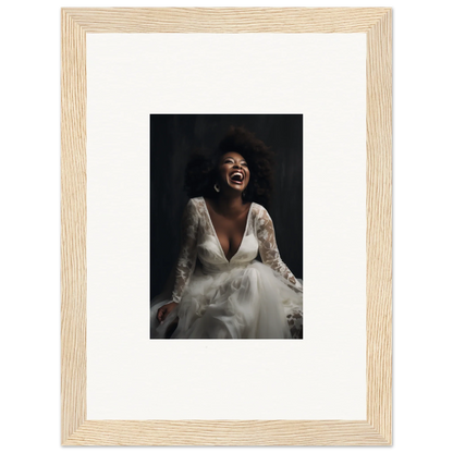 Framed black and white photo of a bride in a lace dress for Timeless Essence Laughter