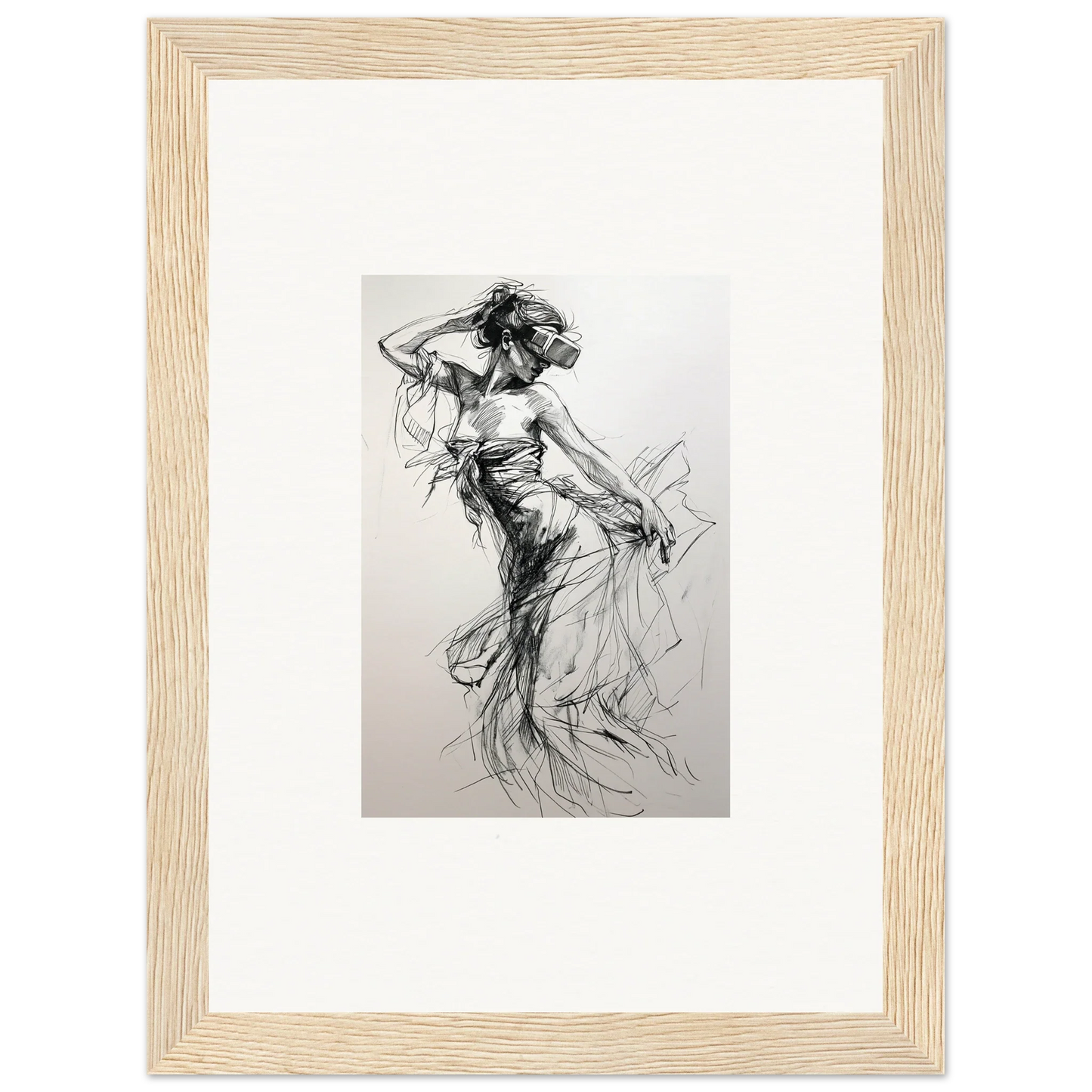 Expressive charcoal sketch of a dancer in flowing motion for Virtual Grace Sketch