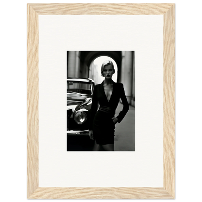 Elegant figure in black dress by vintage car in Interstellar Noir Illuminations art