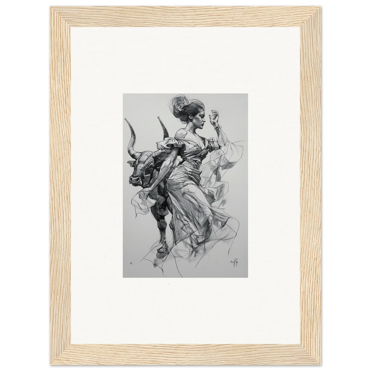 Black and white sketch of a person on a bull for Sirens Veil Matador framed wall art