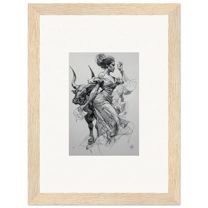 Black and white sketch of a person on a bull for Sirens Veil Matador framed wall art