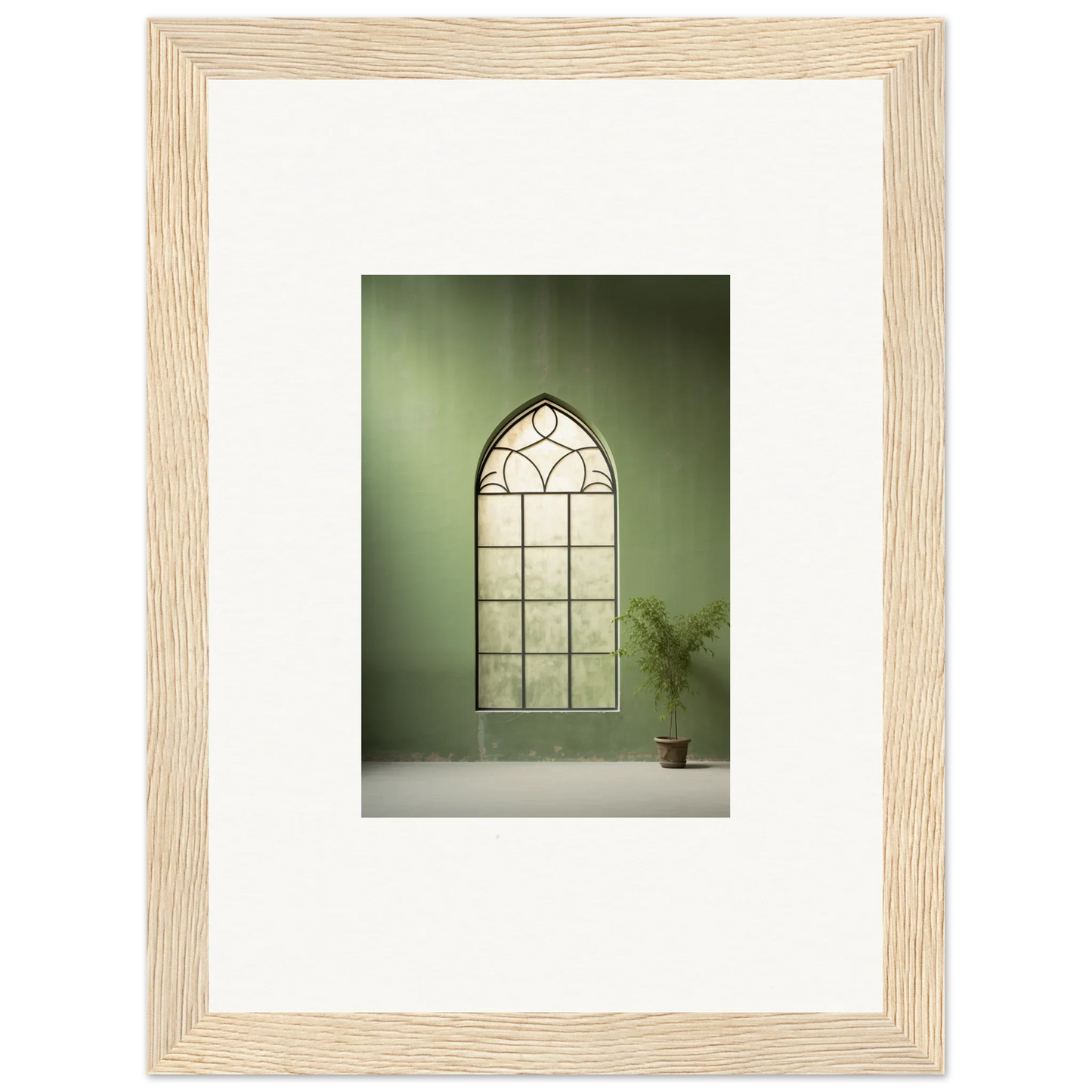 Gothic arched window with geometric leaded glass in Green Crescent art print