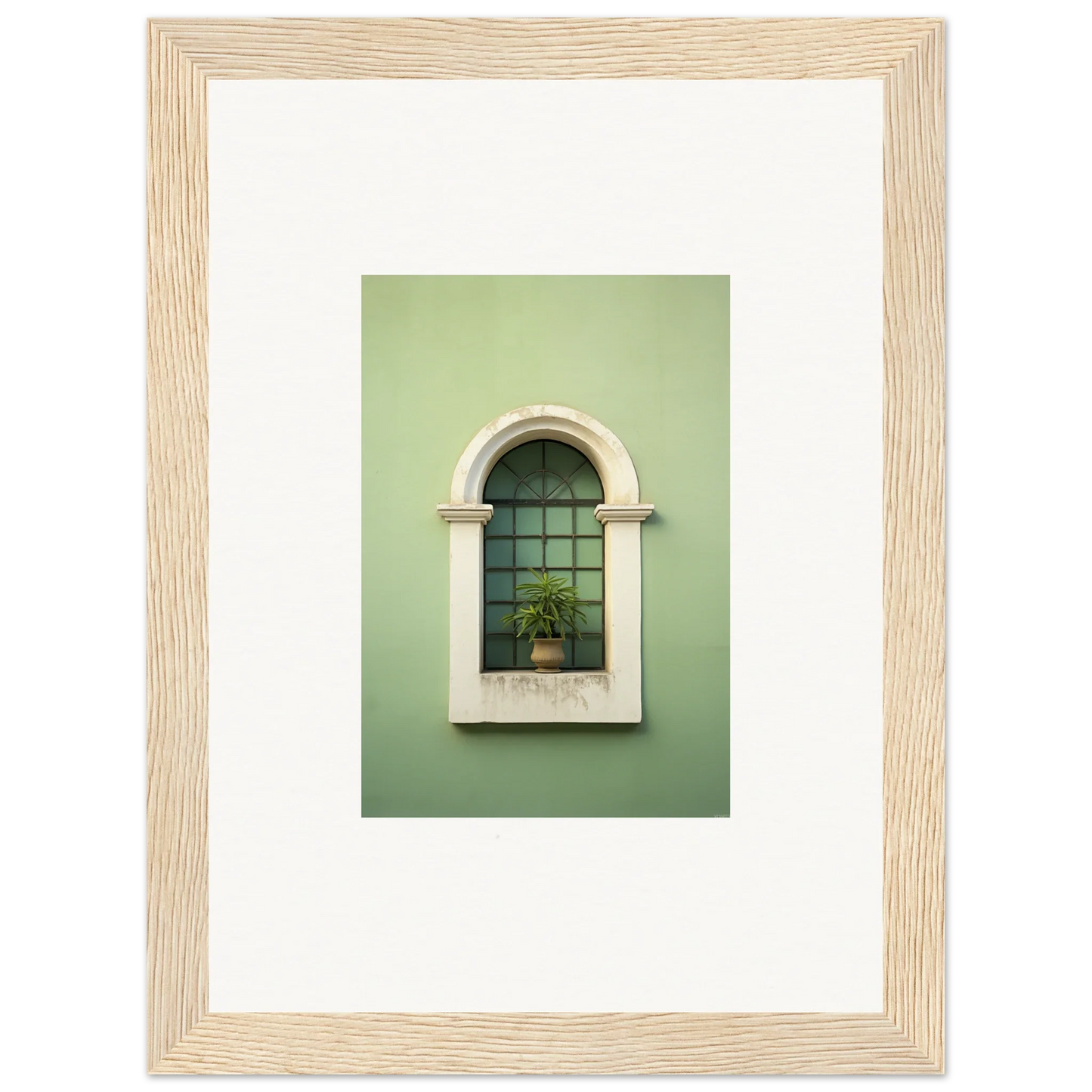 Arched window with white trim and potted plant in Eggshel PandæmonIA Bliss art