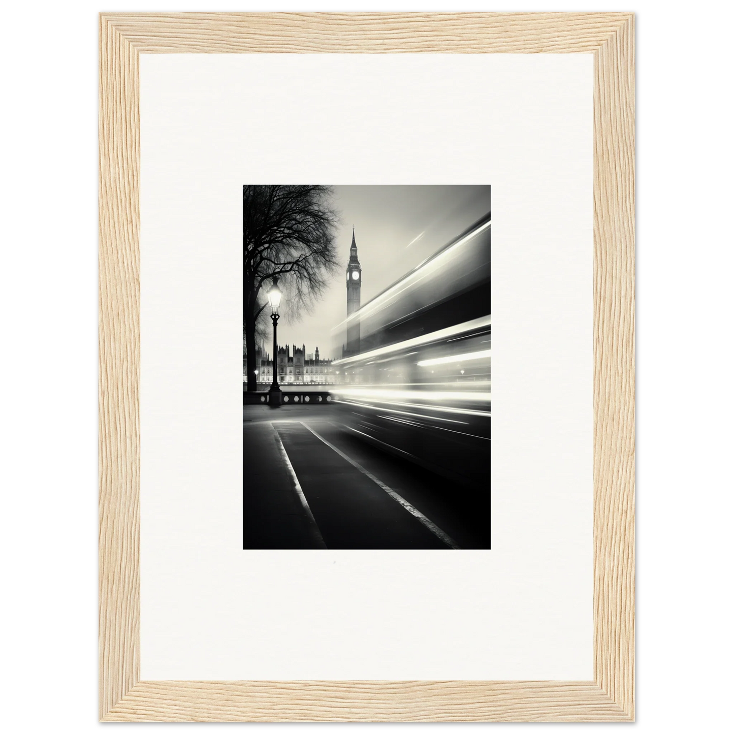 Black and white Big Ben with light trails in Fluid Timeless Pulse framed wall art