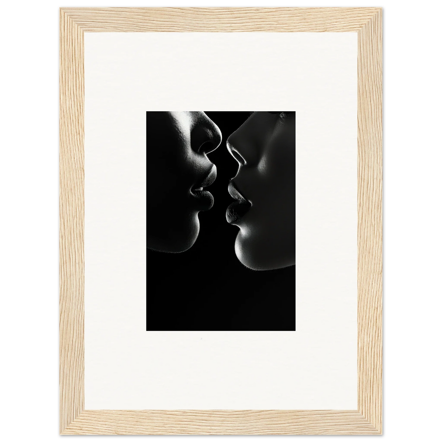 Black and white silhouette of two profiles about to kiss, Midnight Kiss Darkness art