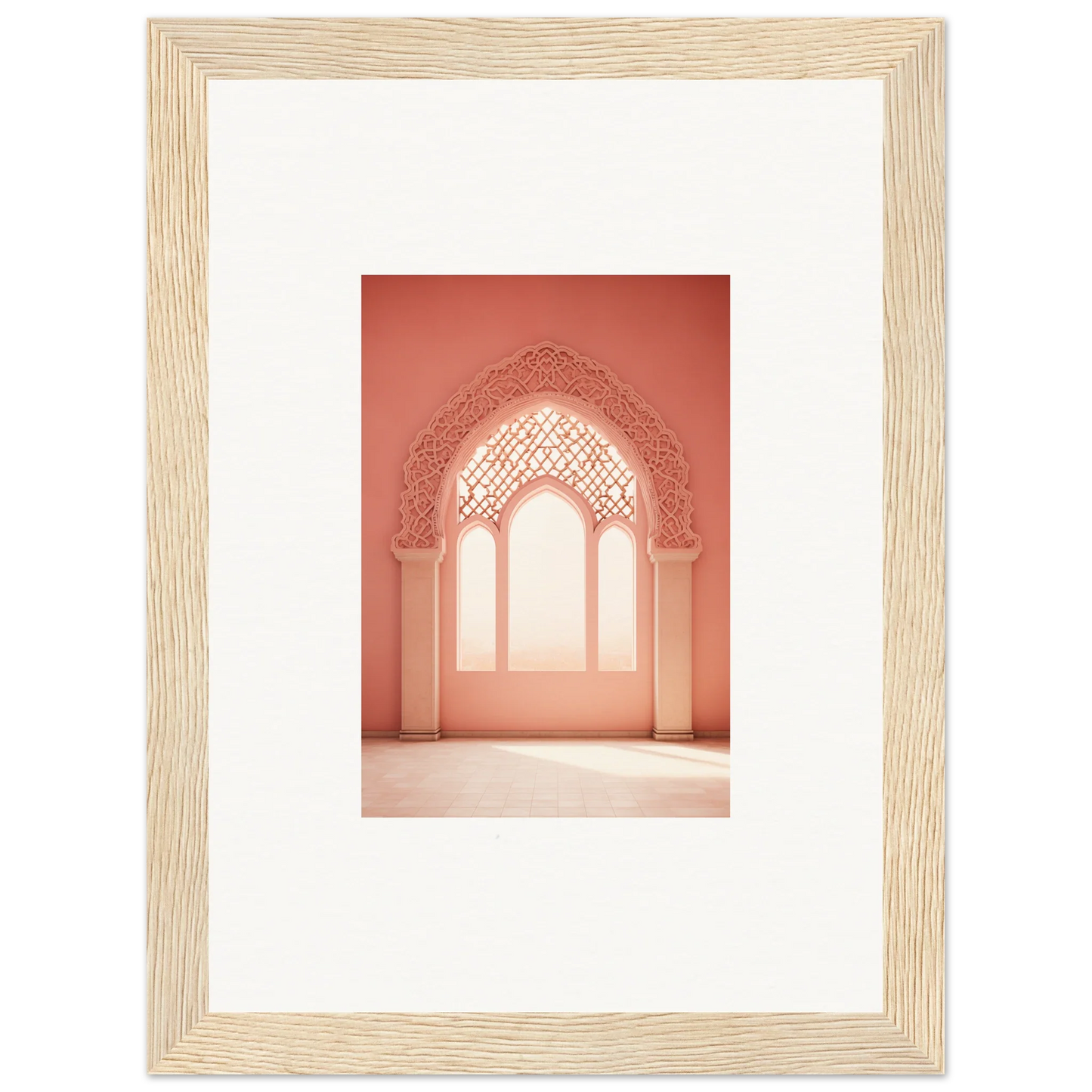 Ornate arched doorway with coral pink Islamic patterns in Versaille Sunset Reimagined art