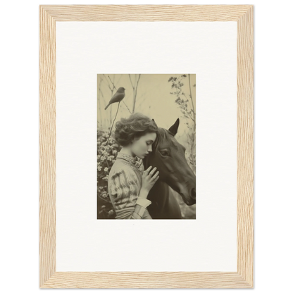 Framed vintage photograph of a woman with a horse for charming room decoration