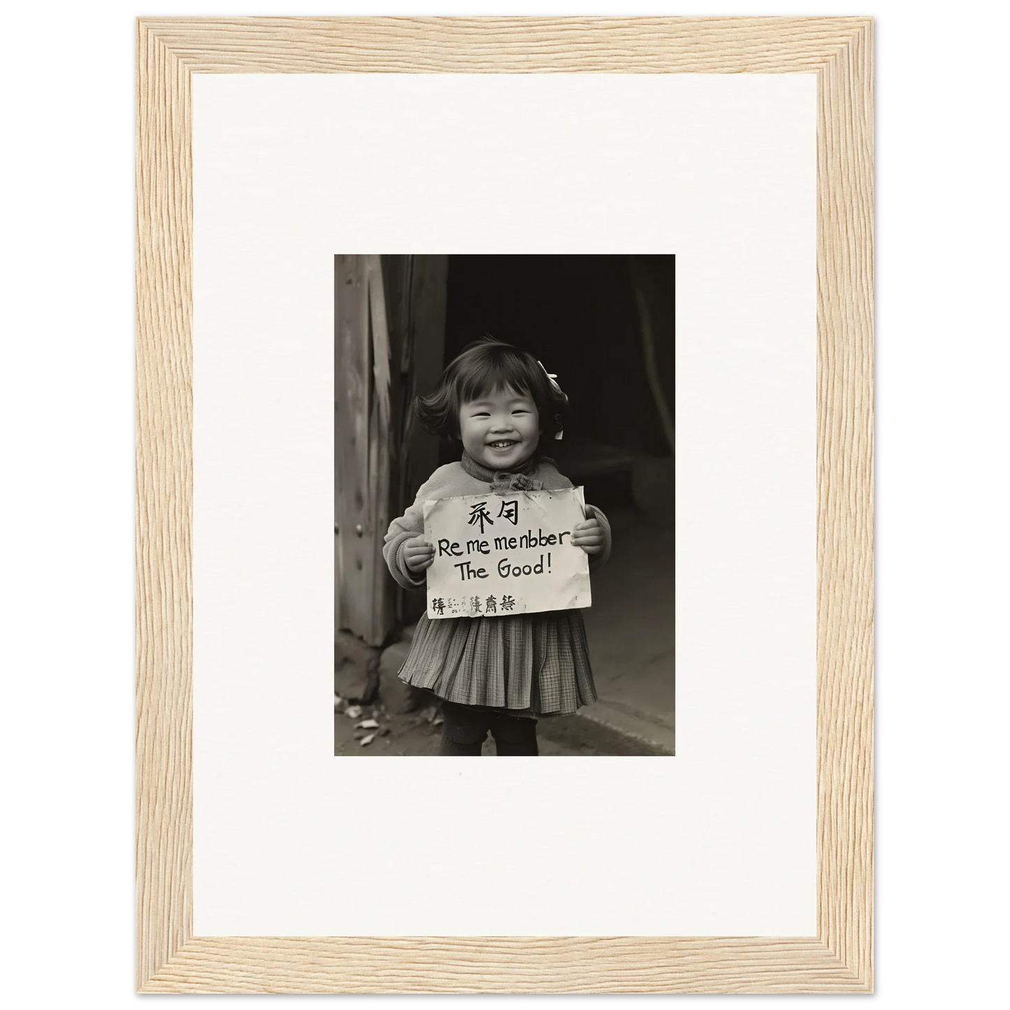 Black and white photo of a child with sign in a frame, part of Ephemeral Joy Imbibed