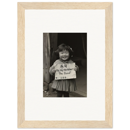 Black and white photo of a child with sign in a frame, part of Ephemeral Joy Imbibed