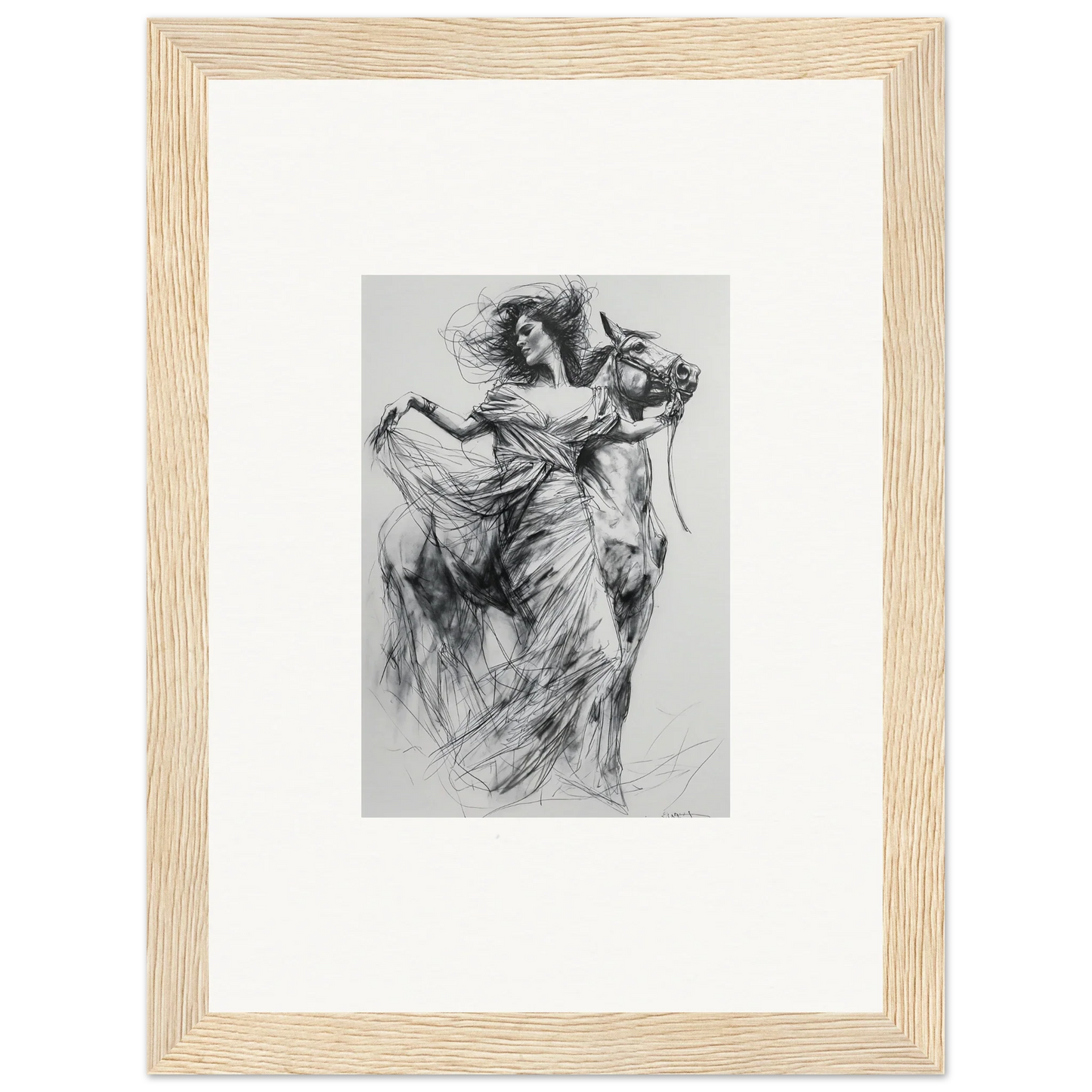 Black and white sketch of flowing dancers in Equestrian Ether Euphoria framed wall art