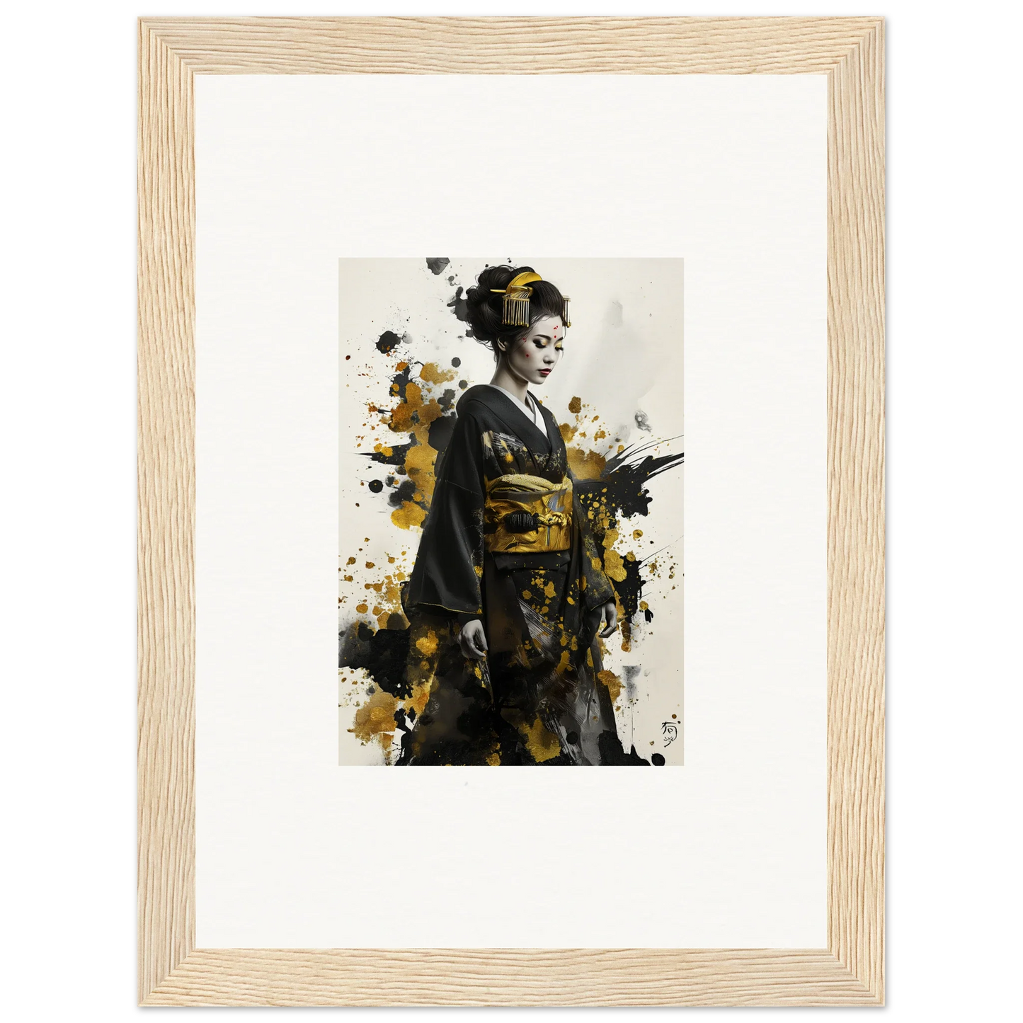 Artistic portrait of a geisha in kimono with gold splatter for Eclipsed Ukiyo Symphony