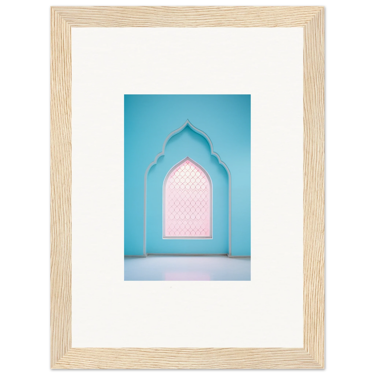 Wooden-framed Souls Diffilveres Critfilters artwork with turquoise archway and pink patterns