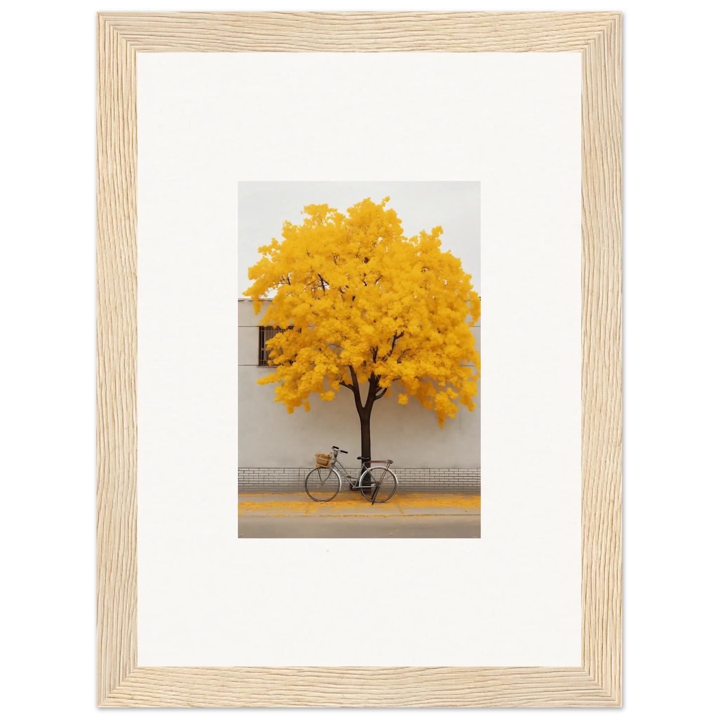 Framed wall art of Lemonade Gaze Reverie featuring a yellow-leaved tree and bicycle