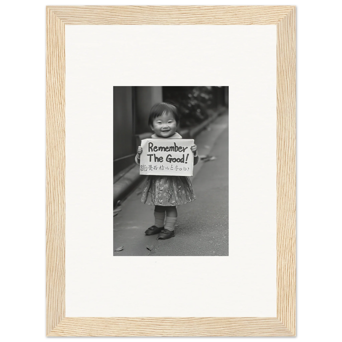 Framed black and white photo with Remember The Good sign from Whimsy Echo Memory collection