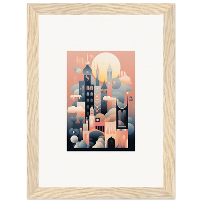 Framed art print of a colorful cityscape titled Ephemeral Castle Whispers in pink and blue