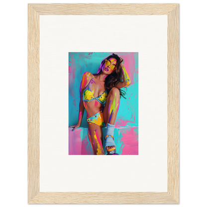 Colorful woman in yellow bikini with paint splashes, perfect for wall art or canvas print