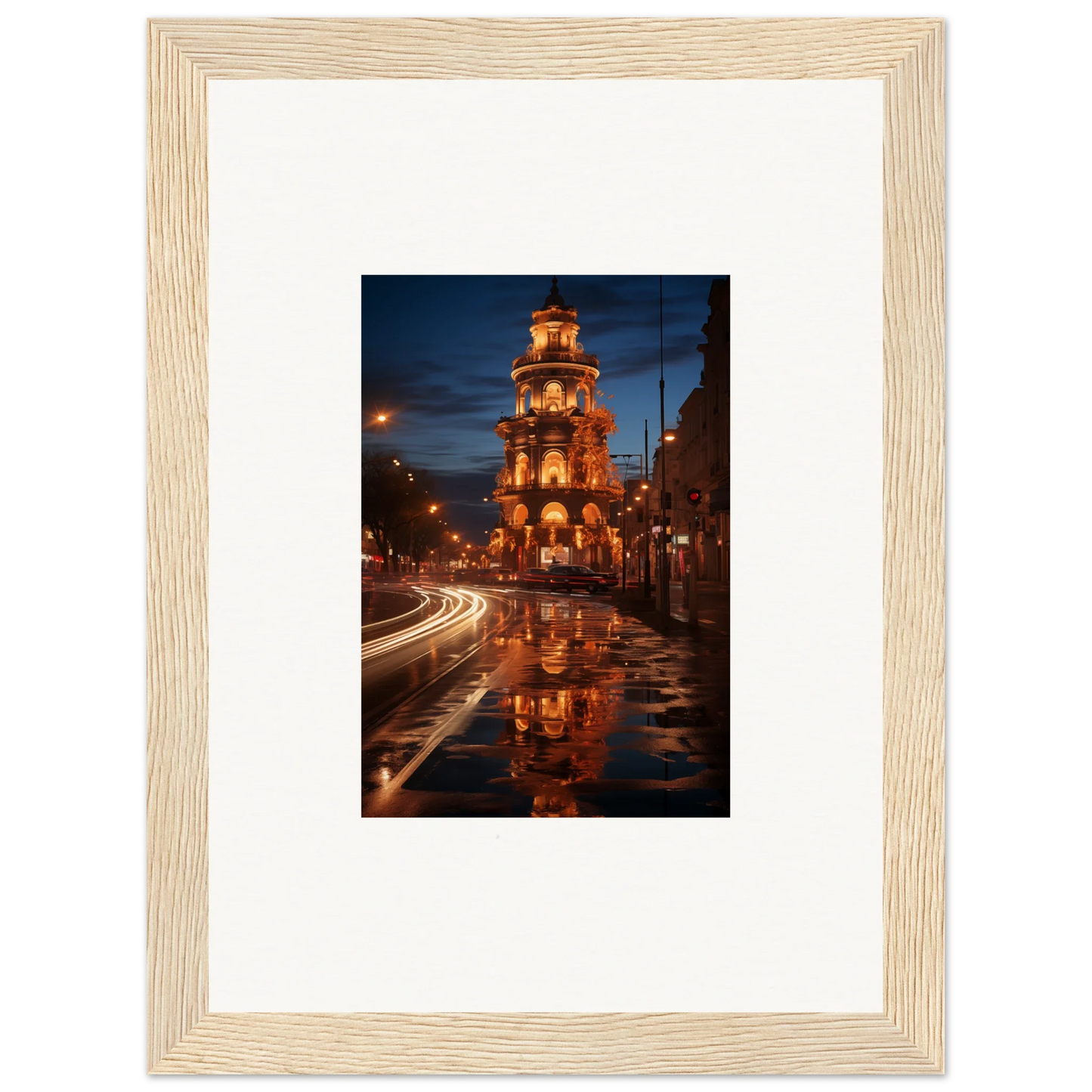 Luminous Neo’ici Dops special edition art™ of clock tower reflecting on wet street