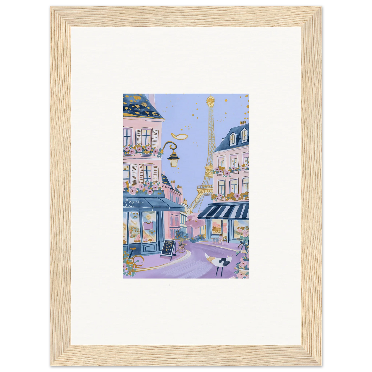 Framed watercolor of a Parisian street with the Eiffel Tower for Hat Lemons Paris