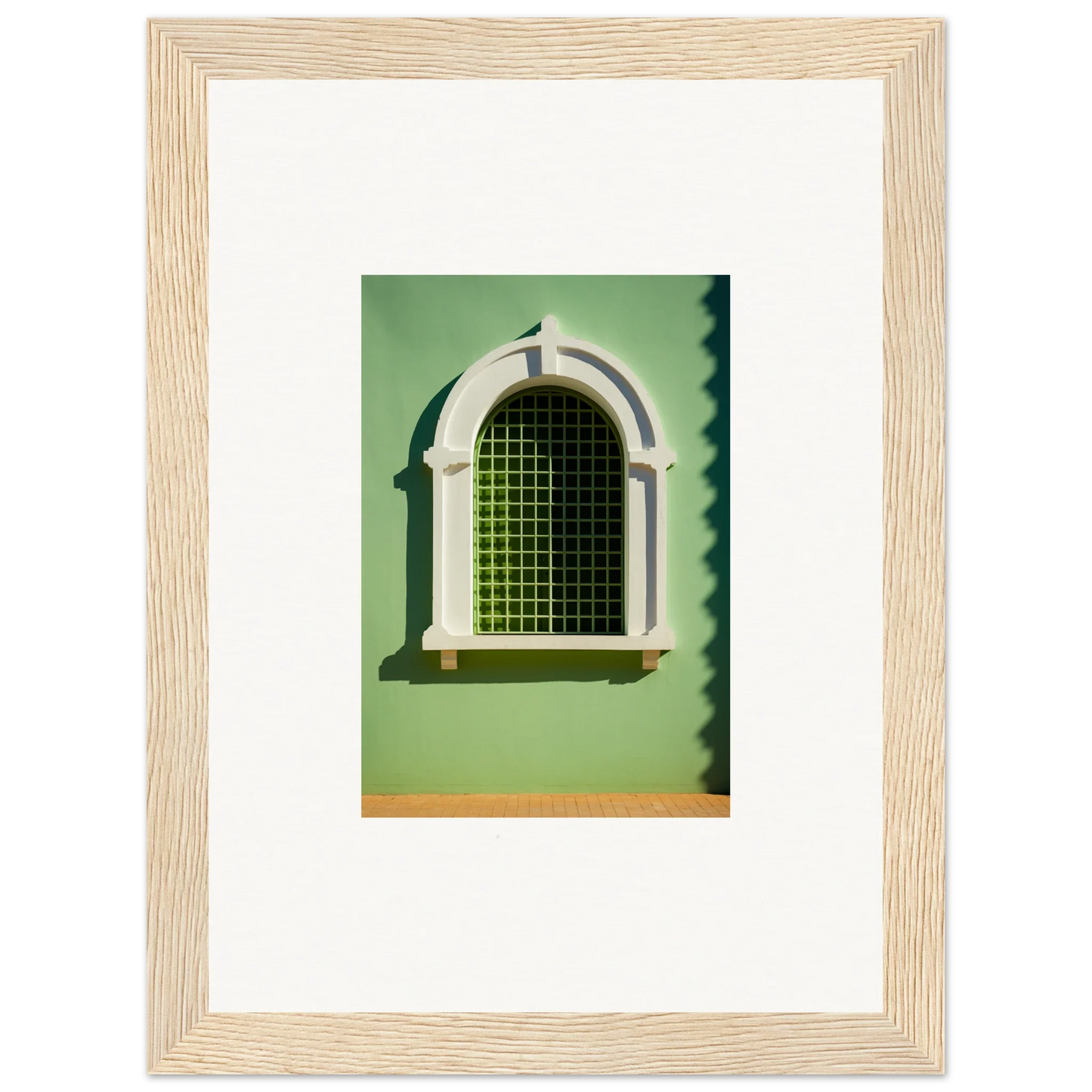 Arched Visible Equilibrium Window with decorative trim and green metal grating