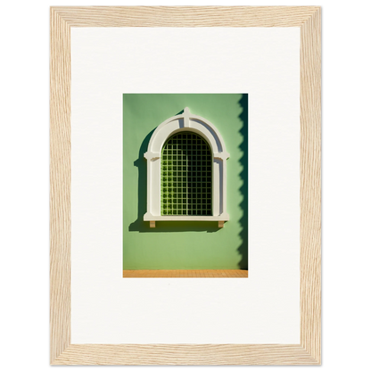 Arched Visible Equilibrium Window with decorative trim and green metal grating