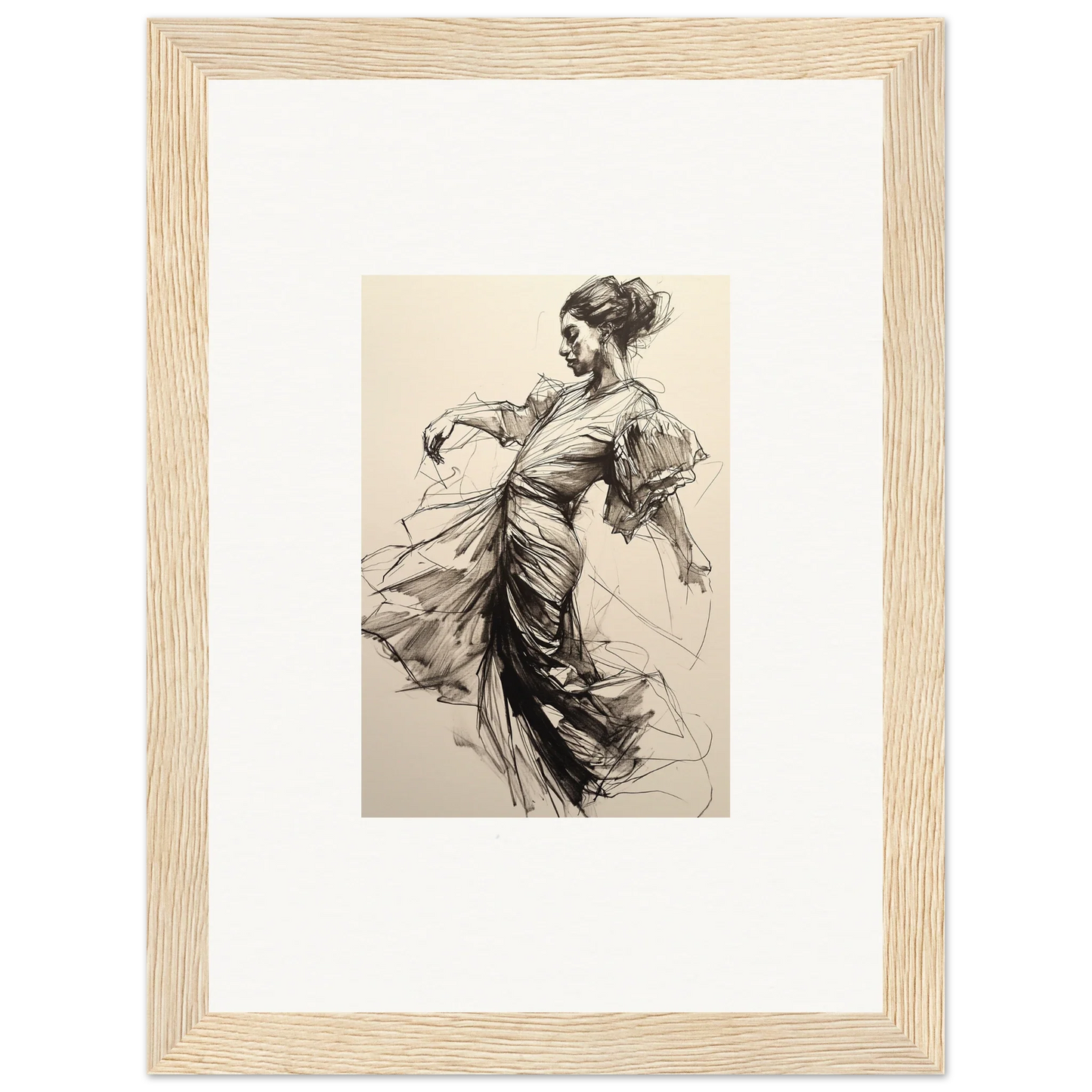 Elegant black and white dancer sketch, part of Whirling Midnight Form framed wall art