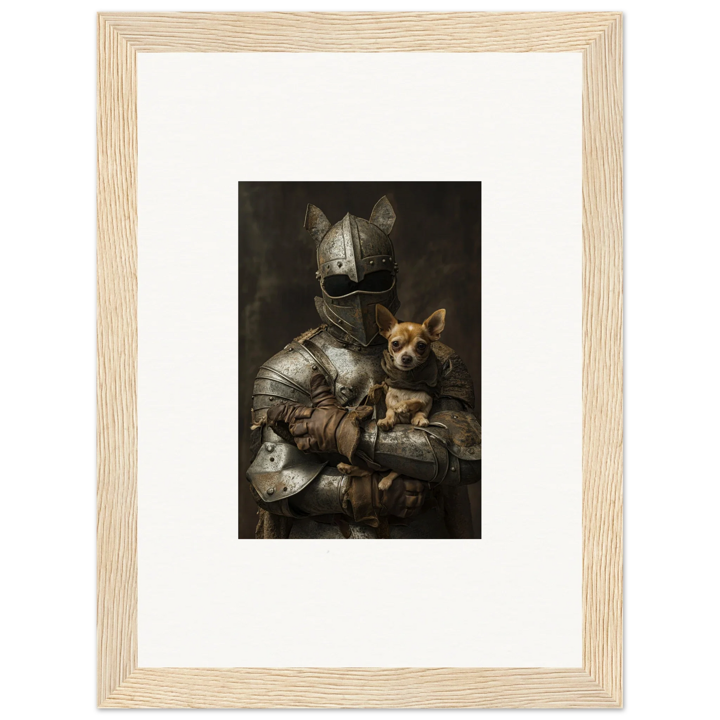 Medieval knight in armor with dog, perfect for Serene Steel Whispers framed wall art