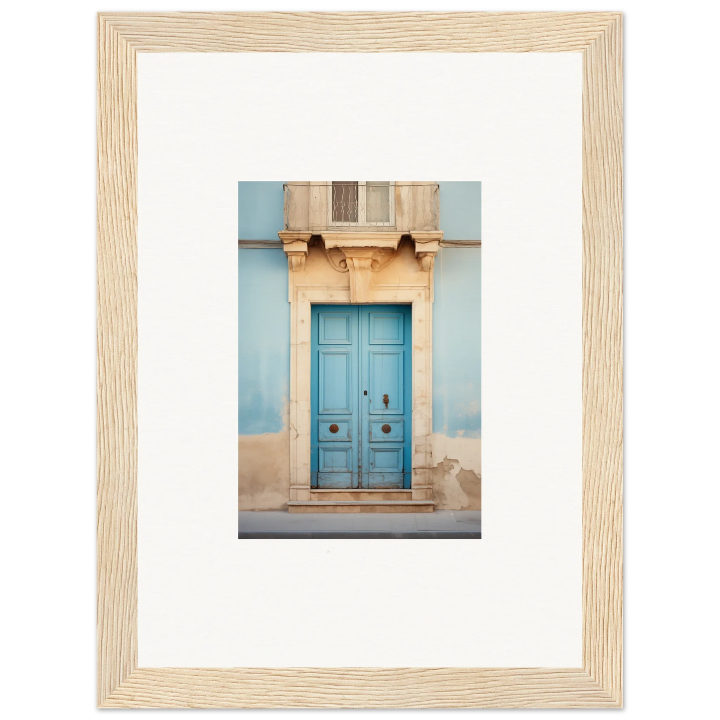 Bright turquoise wooden door with ornate stone trim in the Ephemeral Dreamscape Doorway