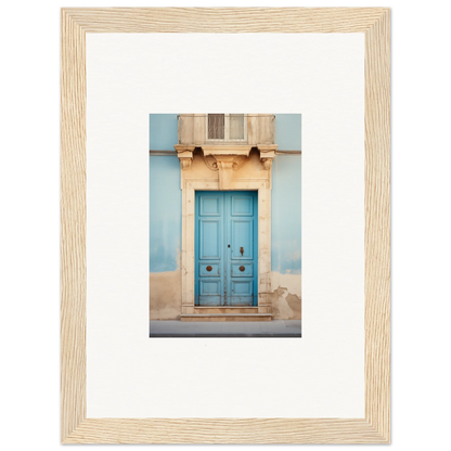 Bright turquoise wooden door with ornate stone trim in the Ephemeral Dreamscape Doorway