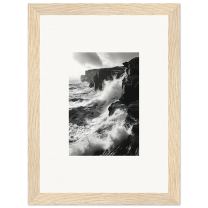 Dramatic black and white waves crashing cliffs in Rock Impressions premium framed wall art