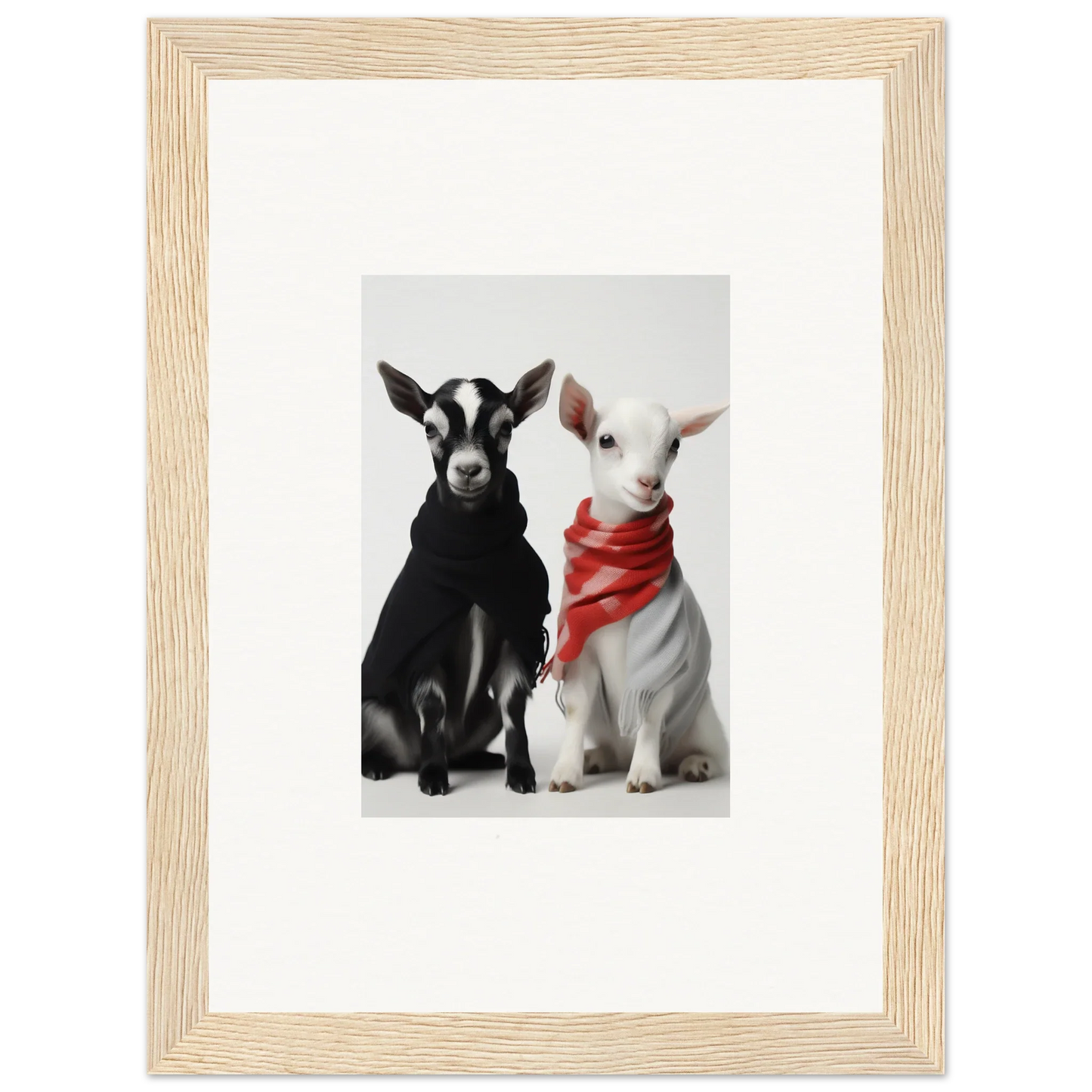 Two goats, one black and one white with a red bandana, in Rainbow Twin Dreams art