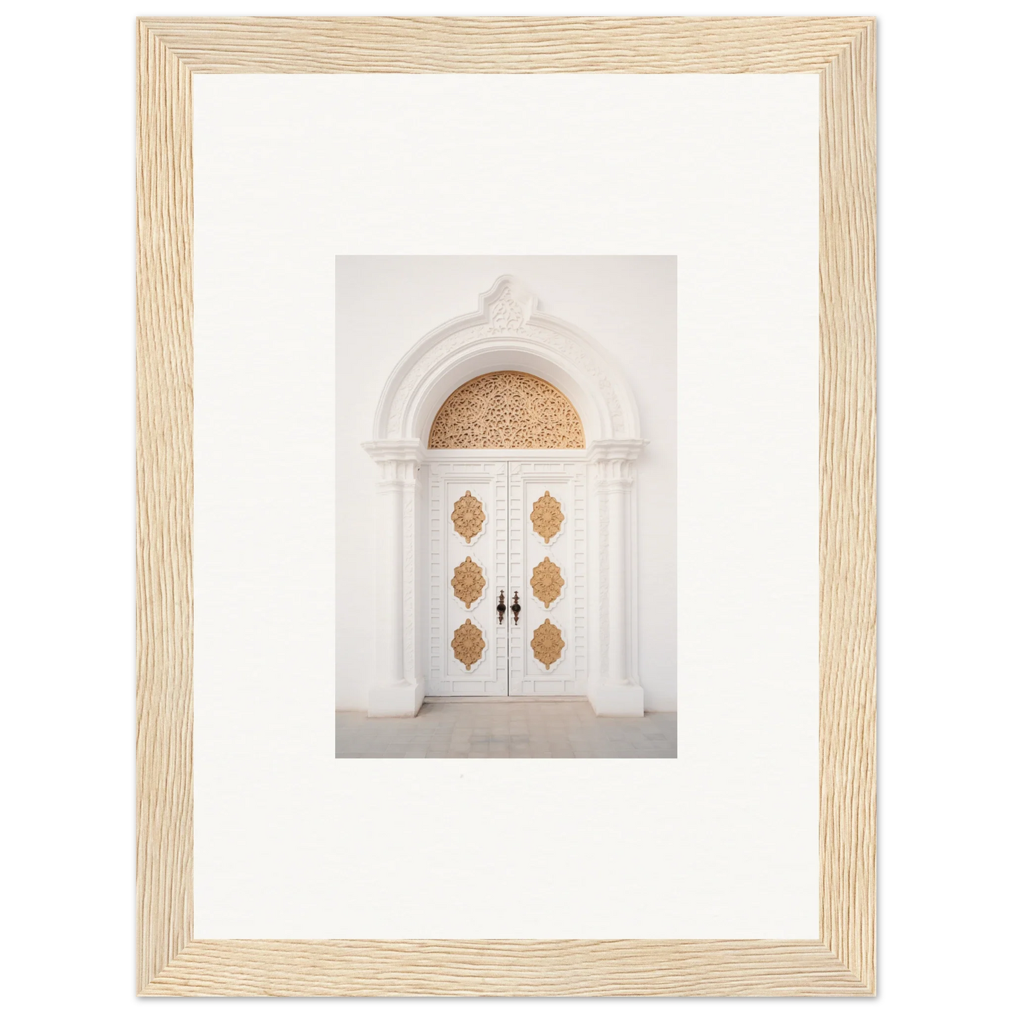 Elegant white double door with gold patterns in Gilded Mirage Passage framed wall art