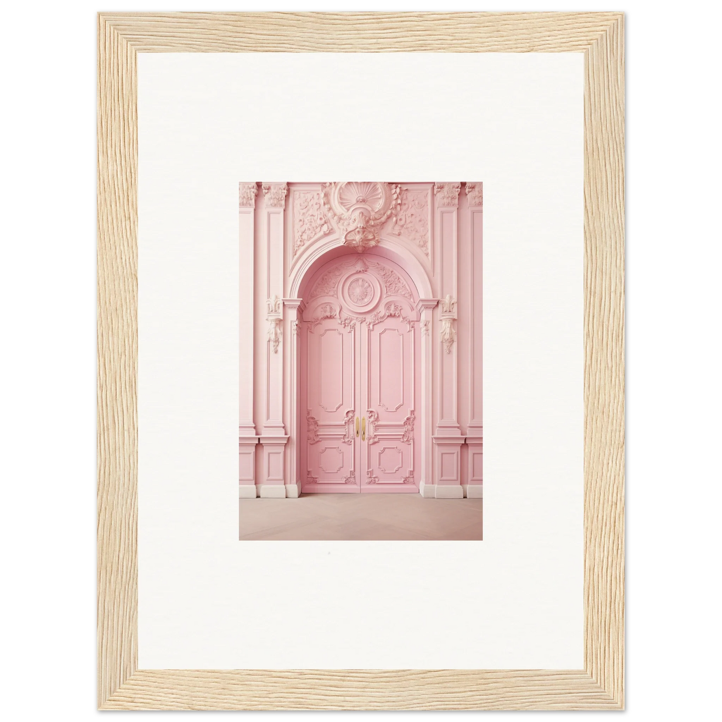 Ornate pink door showcasing Merciful Renaissance baroque-style details and moldings