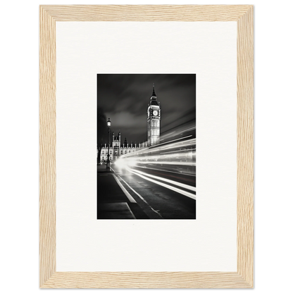 Black and white photo of Big Ben with light trails for Echelons Beyond Shadows premium framed wall