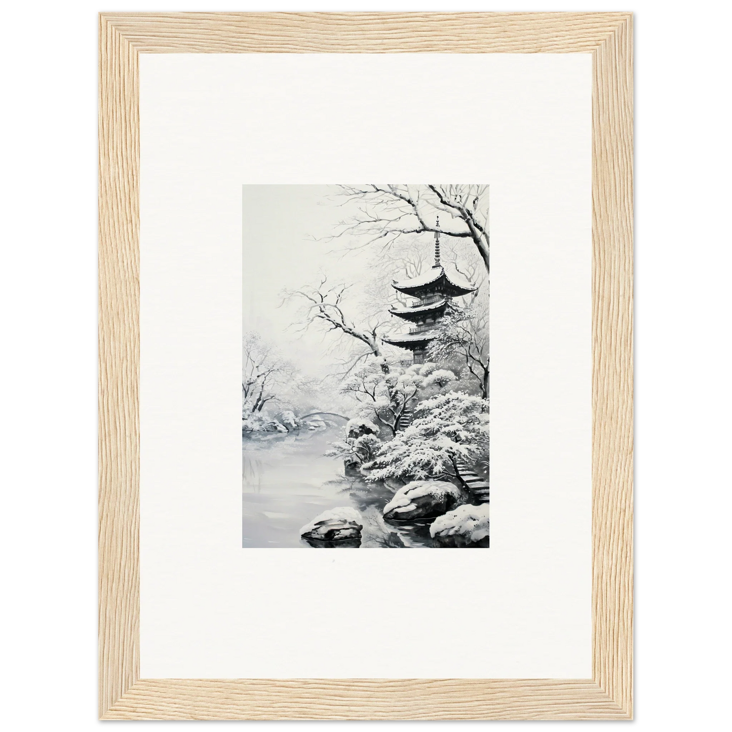 Framed black and white art of a snowy pagoda for Twilight Rebirth Narrative